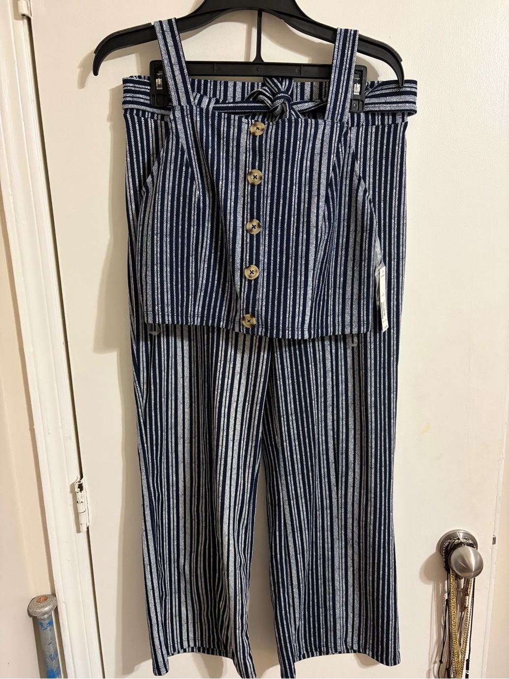 No Boundaries Navy and White Striped cropped top and pant set